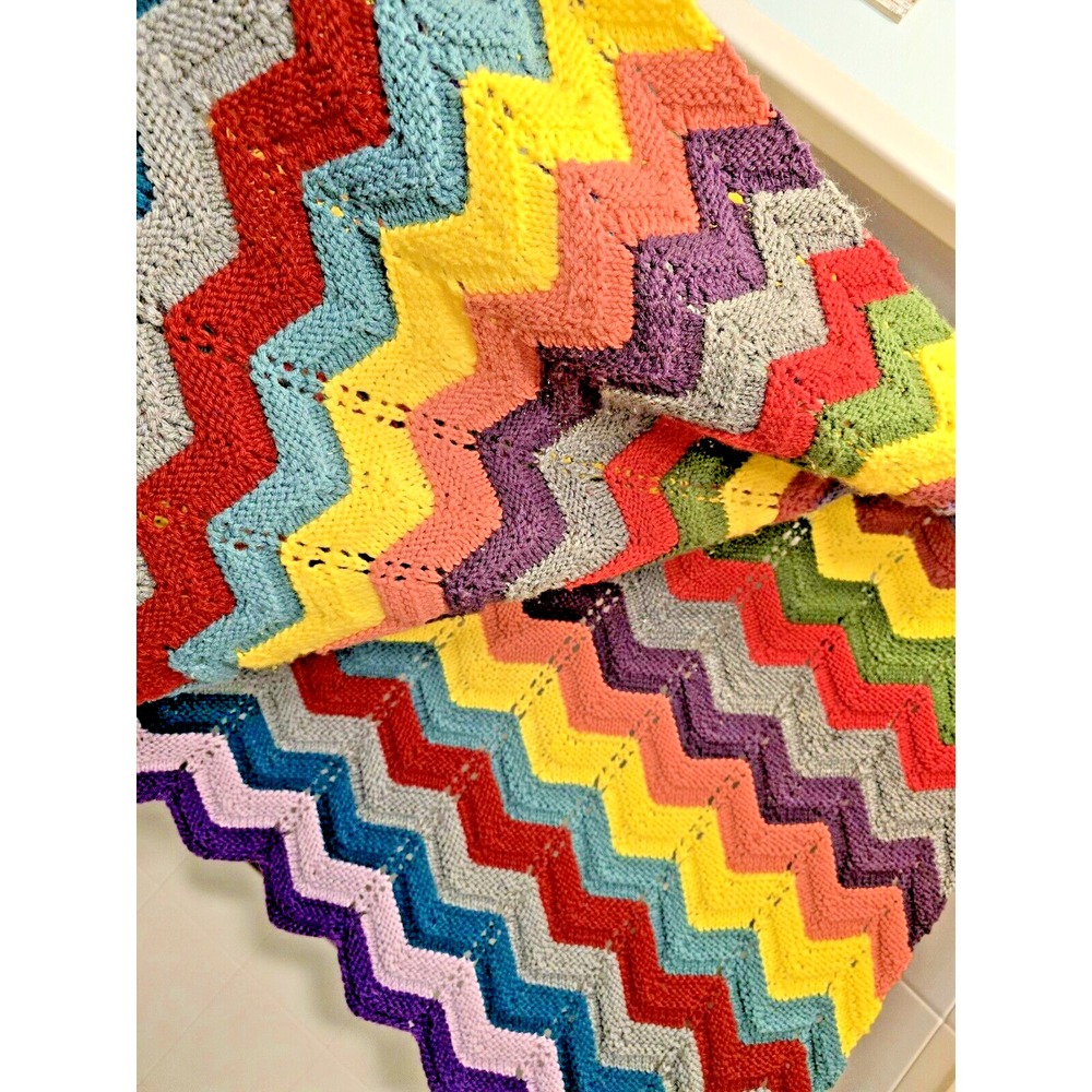 Vintage Rainbow Colorful‎ Crochet Handmade Throw Blanket Chunky Chevron Granny